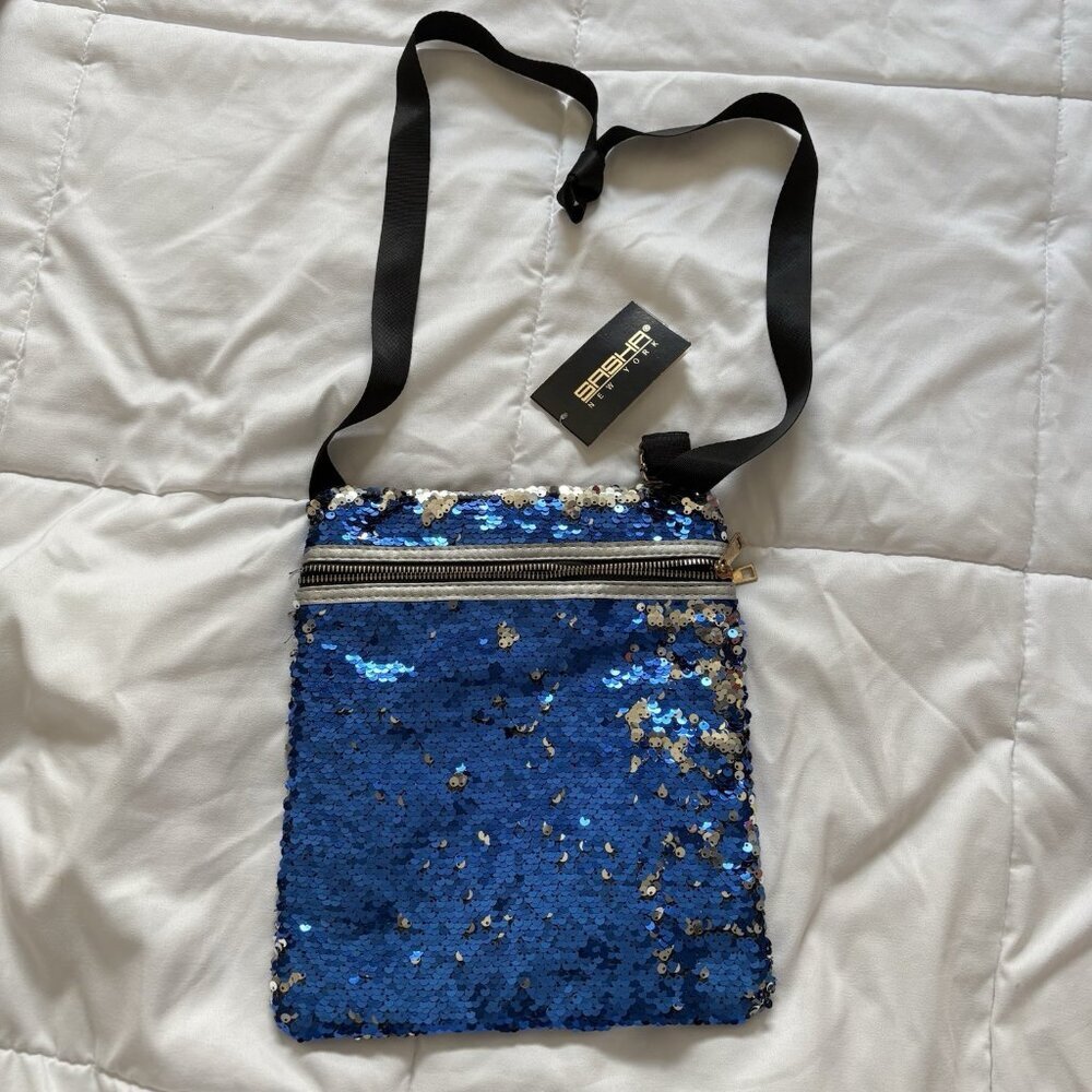 NWT Sasha New York Blue Silver Sequin Crossbody Purse Strap Black Club Party